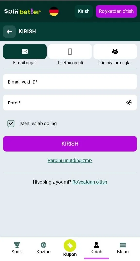 SpinBetter kirish — shaxsiy kabinetga kirish oynasi